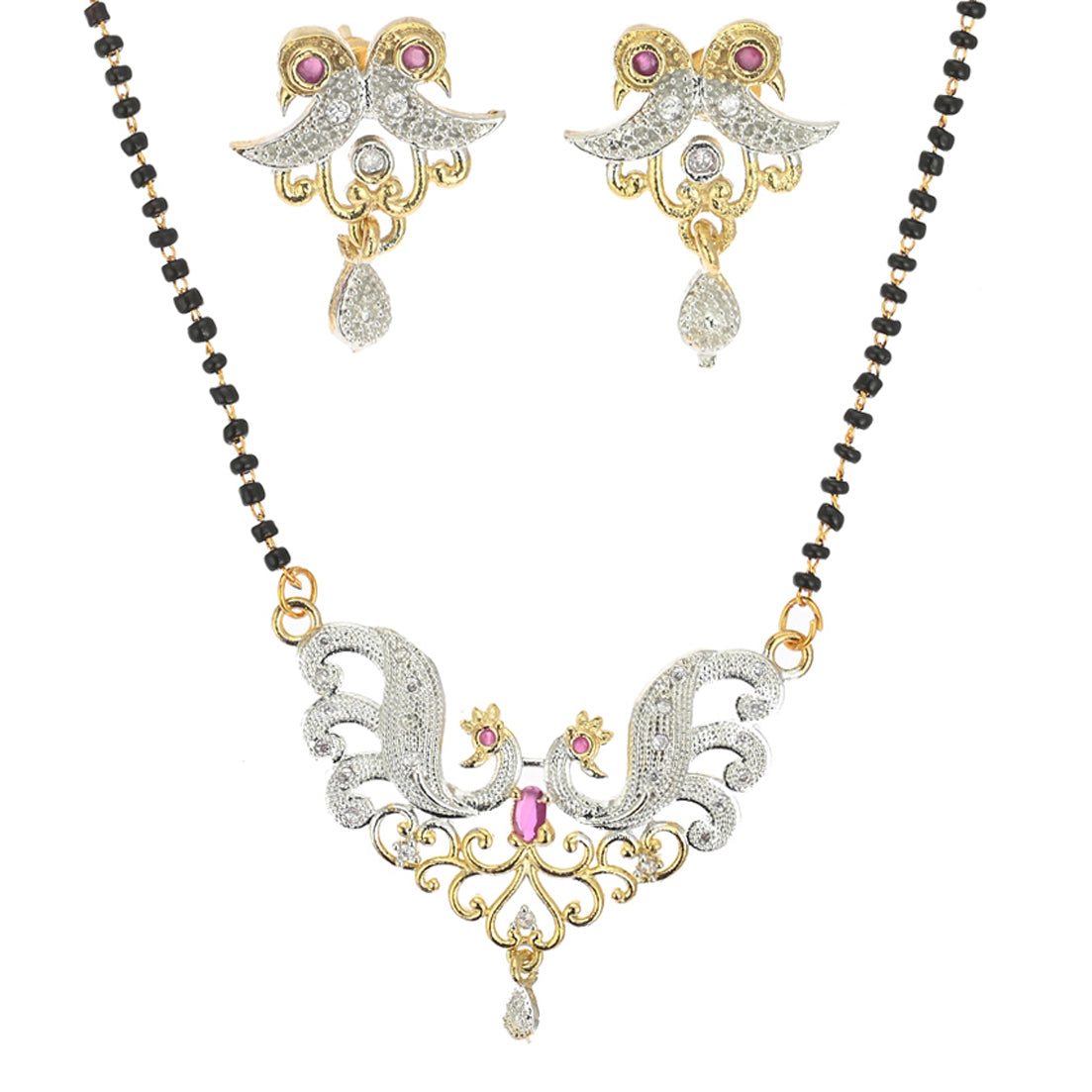 Gold Plated AD Mangalsutra Pendant and Earrings Set with Black Beads Chain