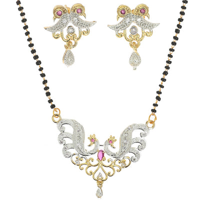 Gold Plated AD Mangalsutra Pendant and Earrings Set with Black Beads Chain