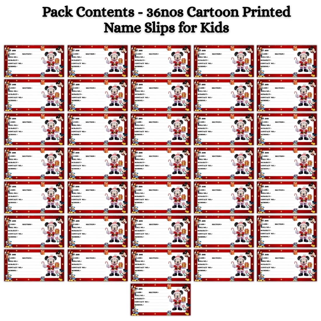 Kids Name Slips Cartoon Printed - Pack of 36 - Self Fill in