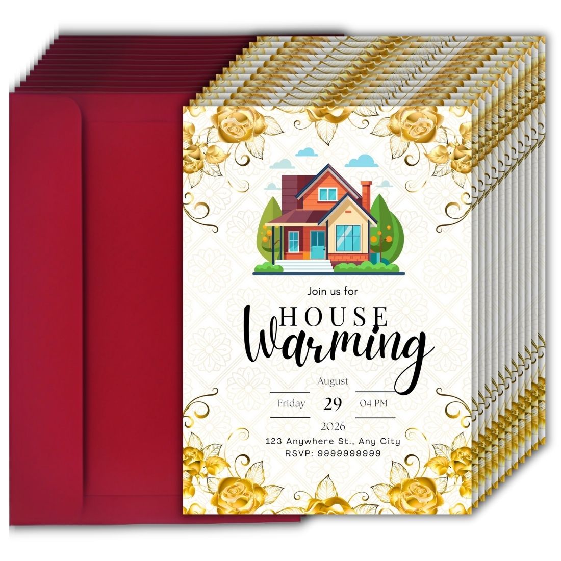 Customized Housewarming Invitation Cards, Pack of 12 Personalized 5.8x8.3 Inch with Premium Red Envelopes