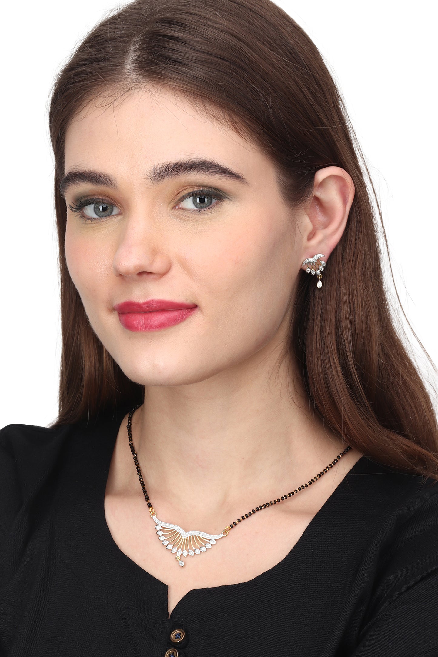 Gold Plated AD Mangalsutra Pendant and Earrings Set with Black Beads Chain
