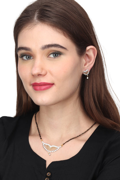 Gold Plated AD Mangalsutra Pendant and Earrings Set with Black Beads Chain