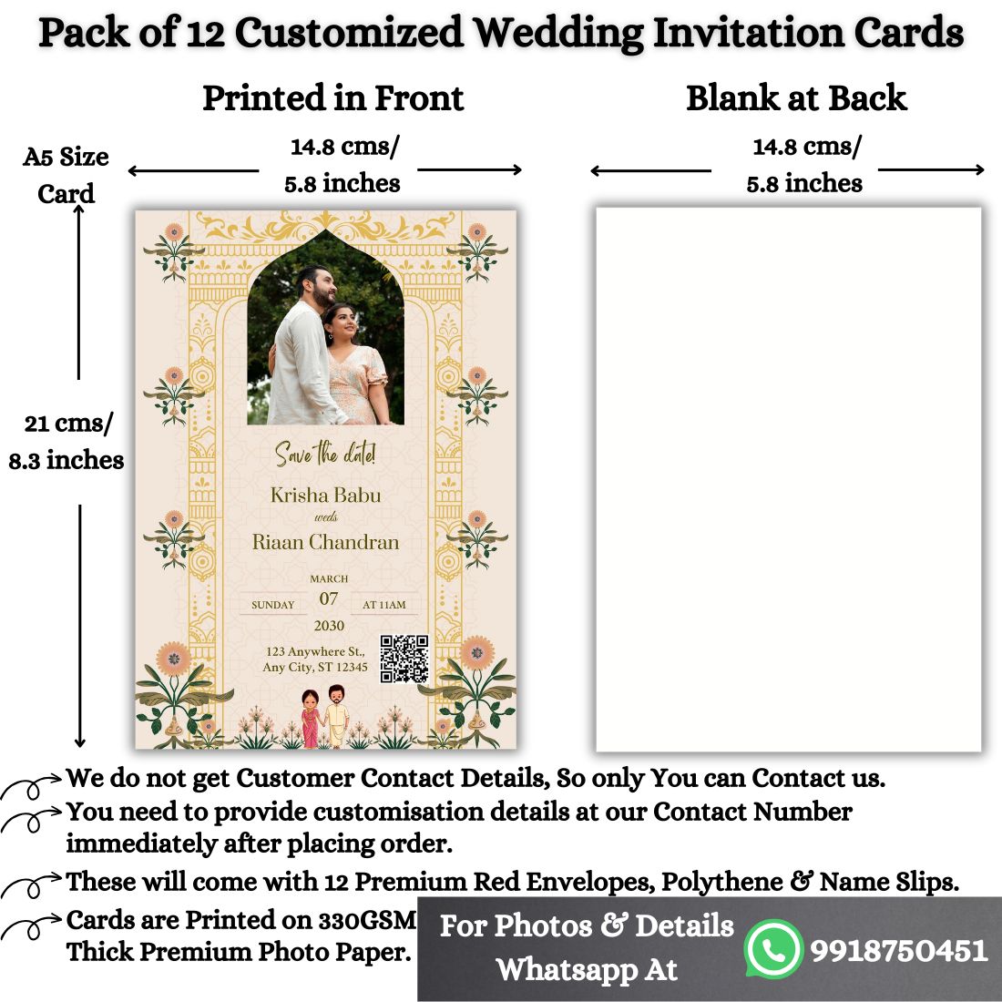 Custom Wedding Invitation Card with Couple Photo | Pack of 12 | One side Printed | Envelopes Included