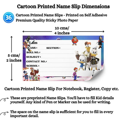 Kids Name Slips Cartoon Printed - Pack of 36 - Self Fill in