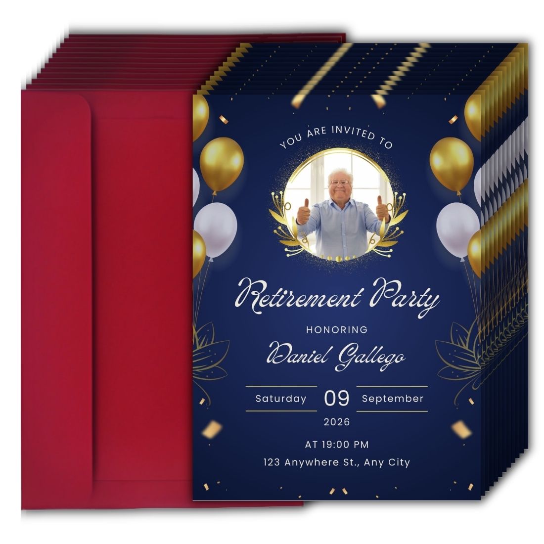 Customised Retirement Farewell Party Invitation Cards with Photo Pack of 12 with Envelopes