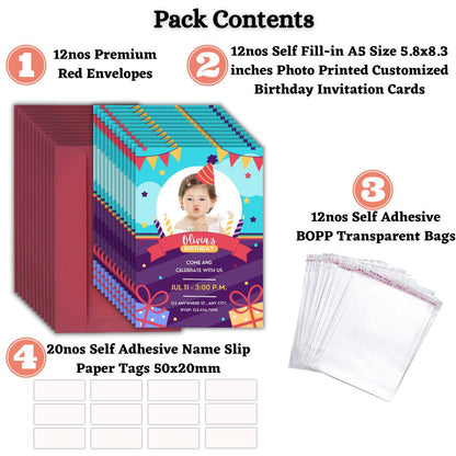 Custom Birthday Invitation Card for Kids with Envelopes | Pack of 12 | One side Printed