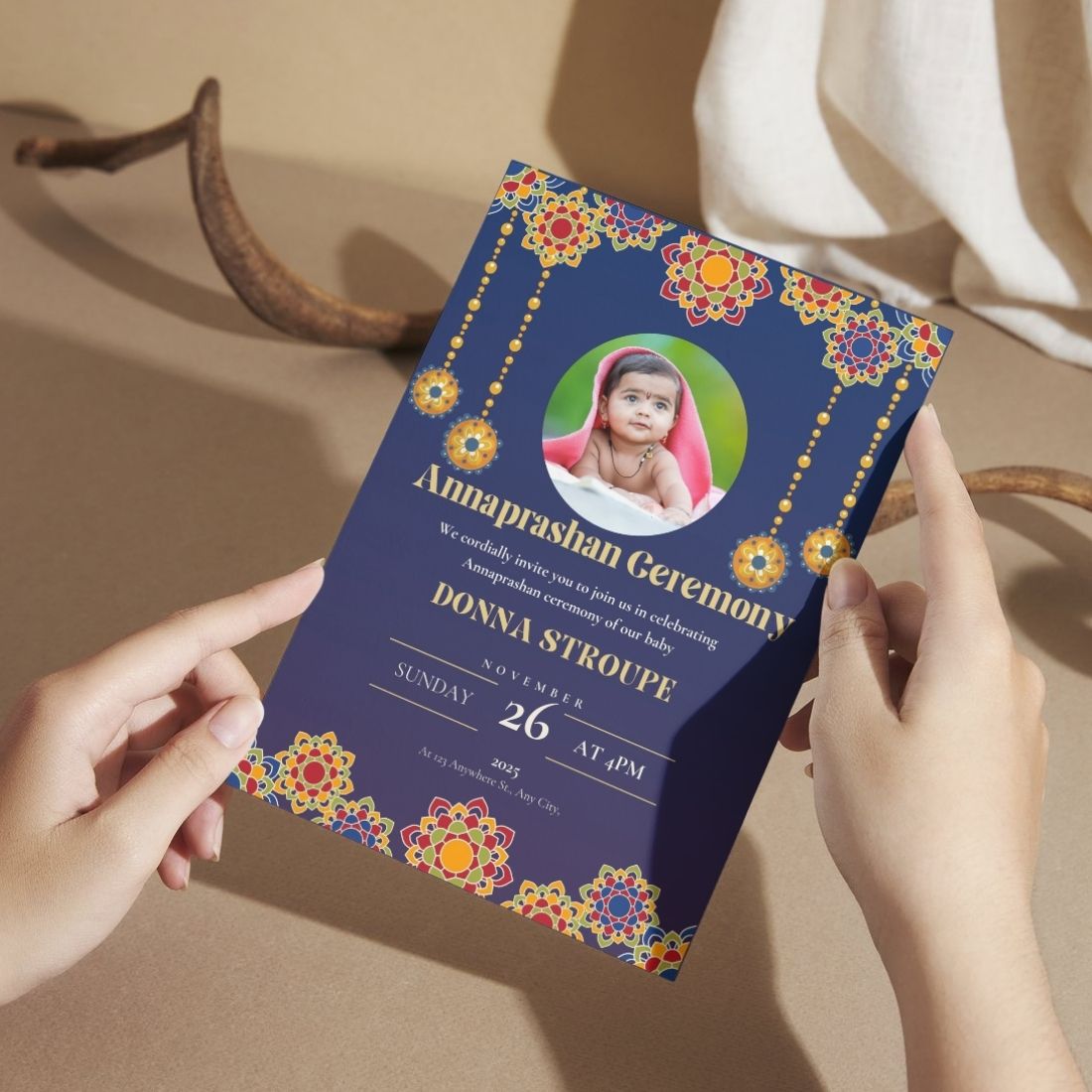 Customised Annaprashan Invitation Cards Pack of 12 , 5.8x8.3 Inch with Envelopes for Rice Ceremony