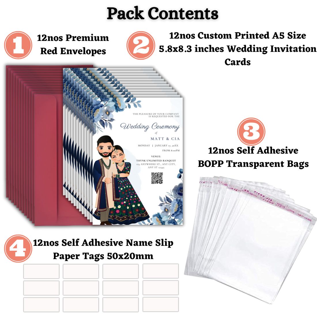 Custom Wedding Invitation Cards with Envelopes | Pack of 12 | One side Printed