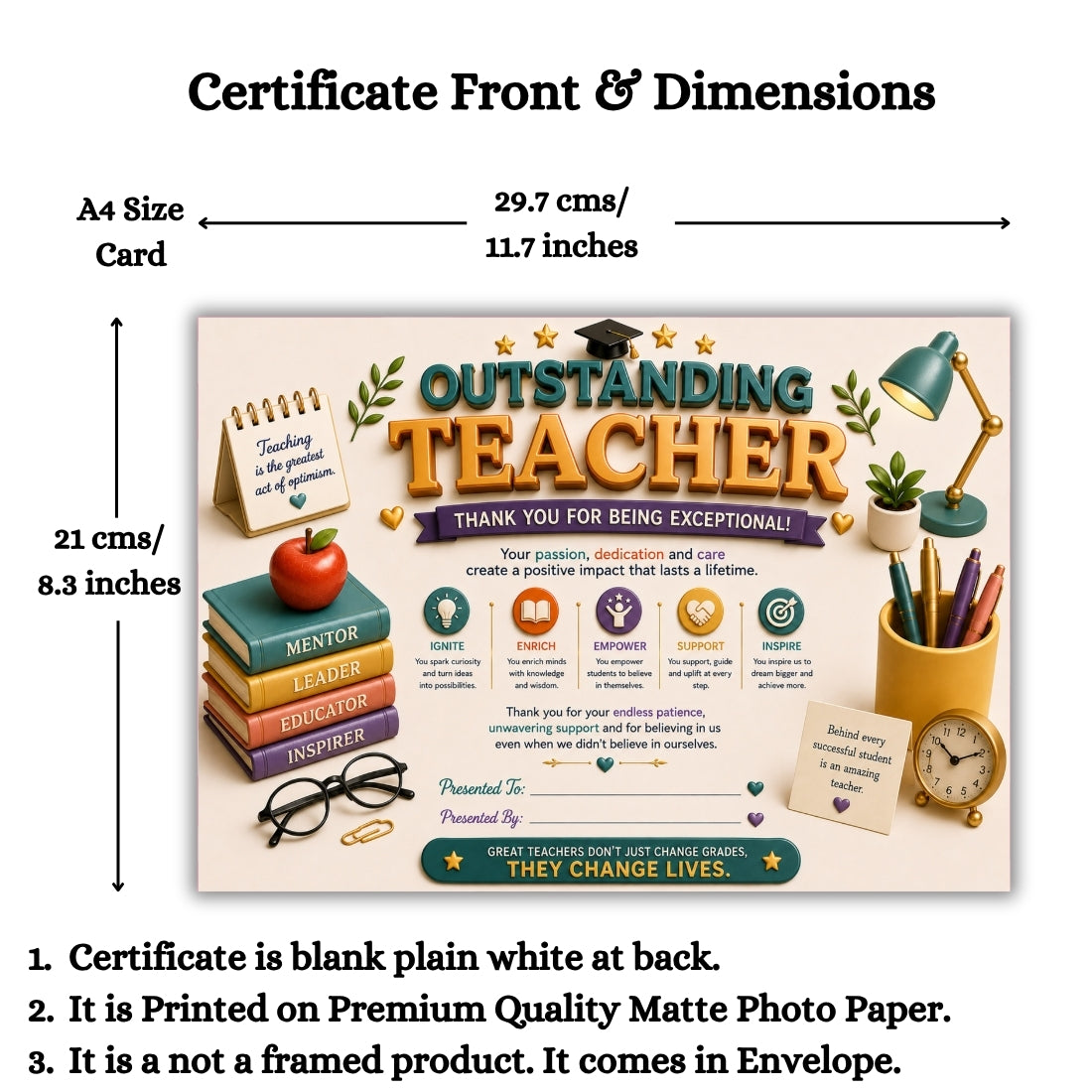 Best Teacher Certificate – A4 Teacher Appreciation Award Certificate for Teachers | Premium Printed Thank You Gift