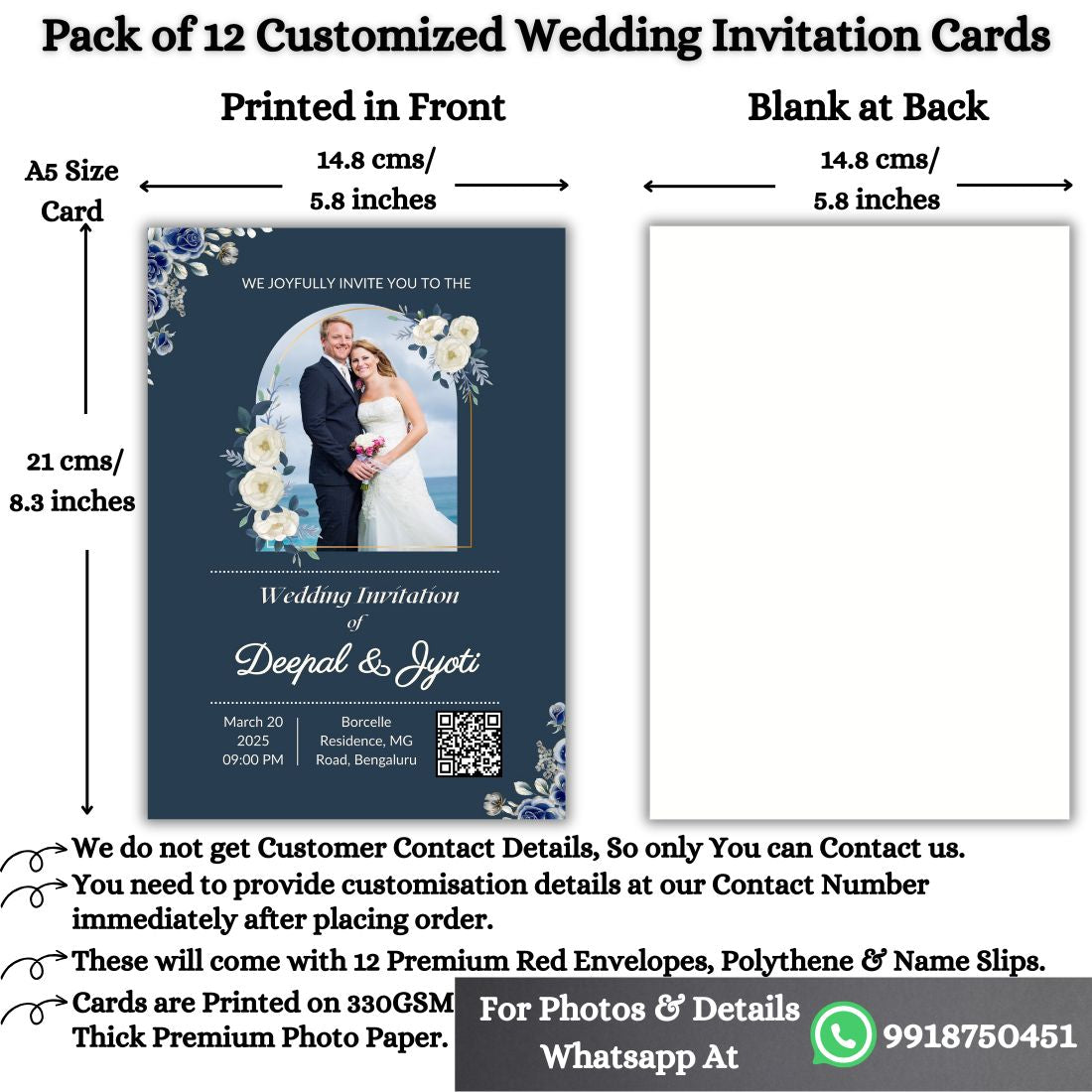 Custom Wedding Invitation Card with Couple Photo | Pack of 12 | One side Printed | Envelopes Included