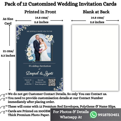 Custom Wedding Invitation Card with Couple Photo | Pack of 12 | One side Printed | Envelopes Included