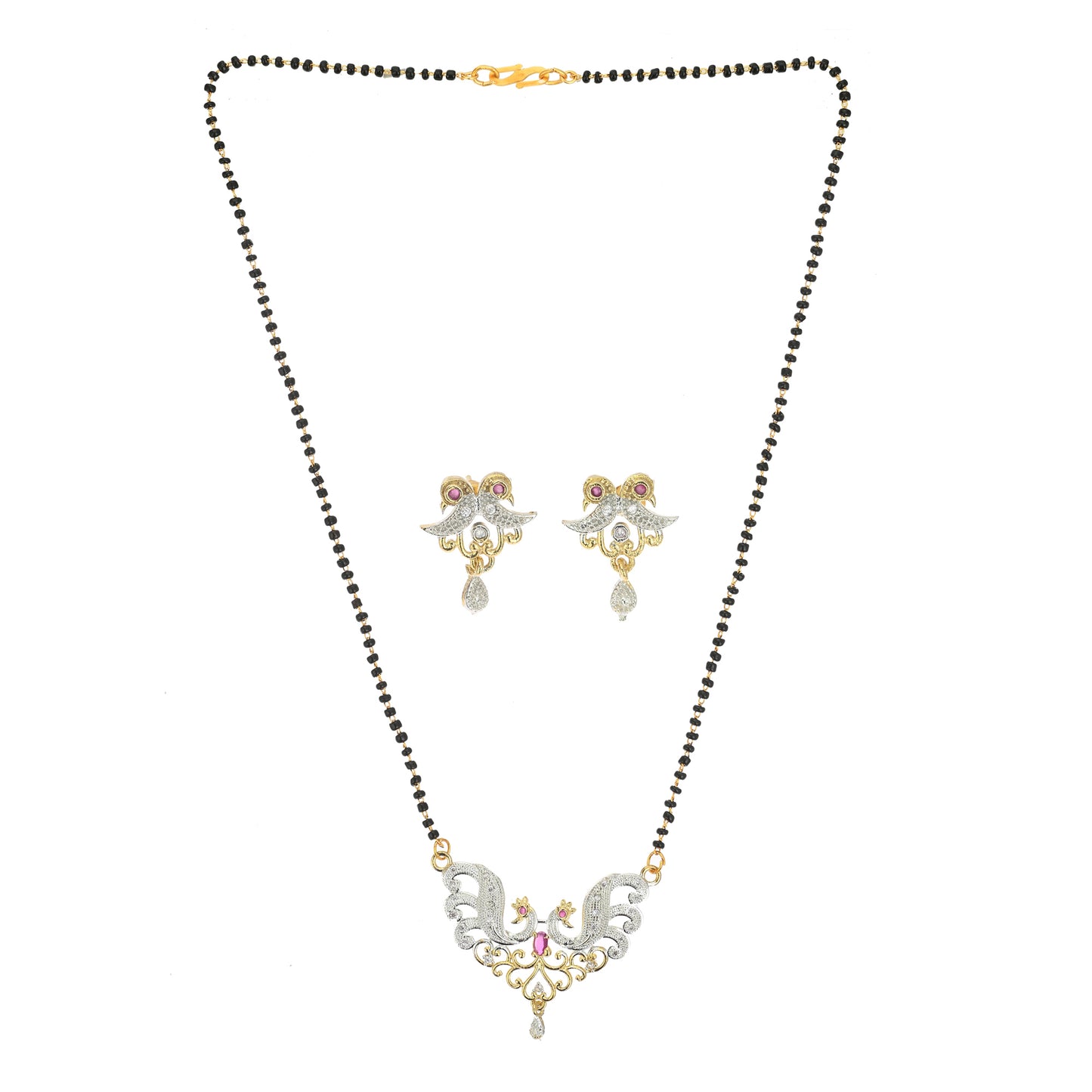 Gold Plated AD Mangalsutra Pendant and Earrings Set with Black Beads Chain