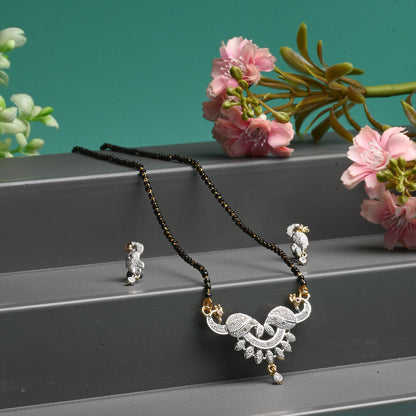 Gold Plated AD Mangalsutra Pendant and Earrings Set with Black Beads Chain