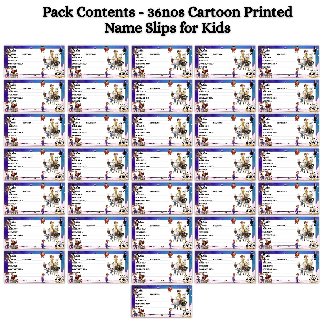 Kids Name Slips Cartoon Printed - Pack of 36 - Self Fill in