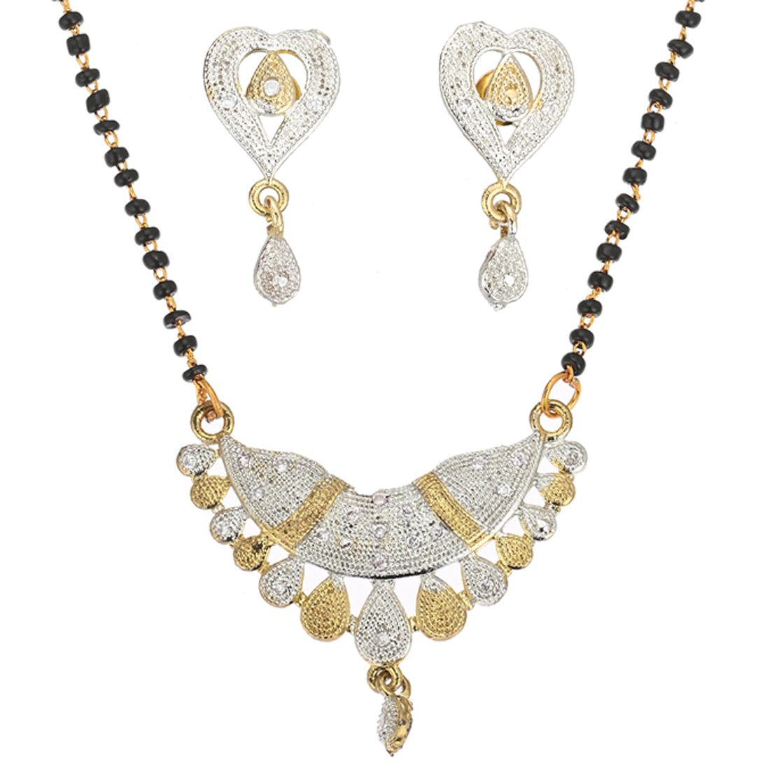 Gold Plated AD Mangalsutra Pendant and Earrings Set with Black Beads Chain
