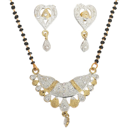 Gold Plated AD Mangalsutra Pendant and Earrings Set with Black Beads Chain