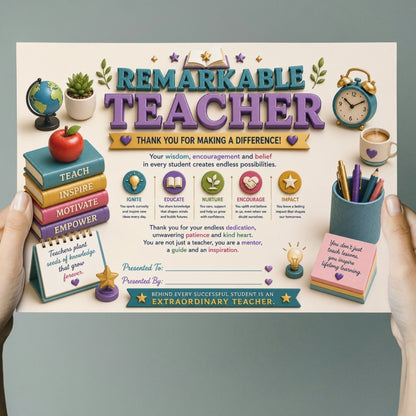 Best Teacher Certificate – A4 Teacher Appreciation Award Certificate for Teachers | Premium Printed Thank You Gift