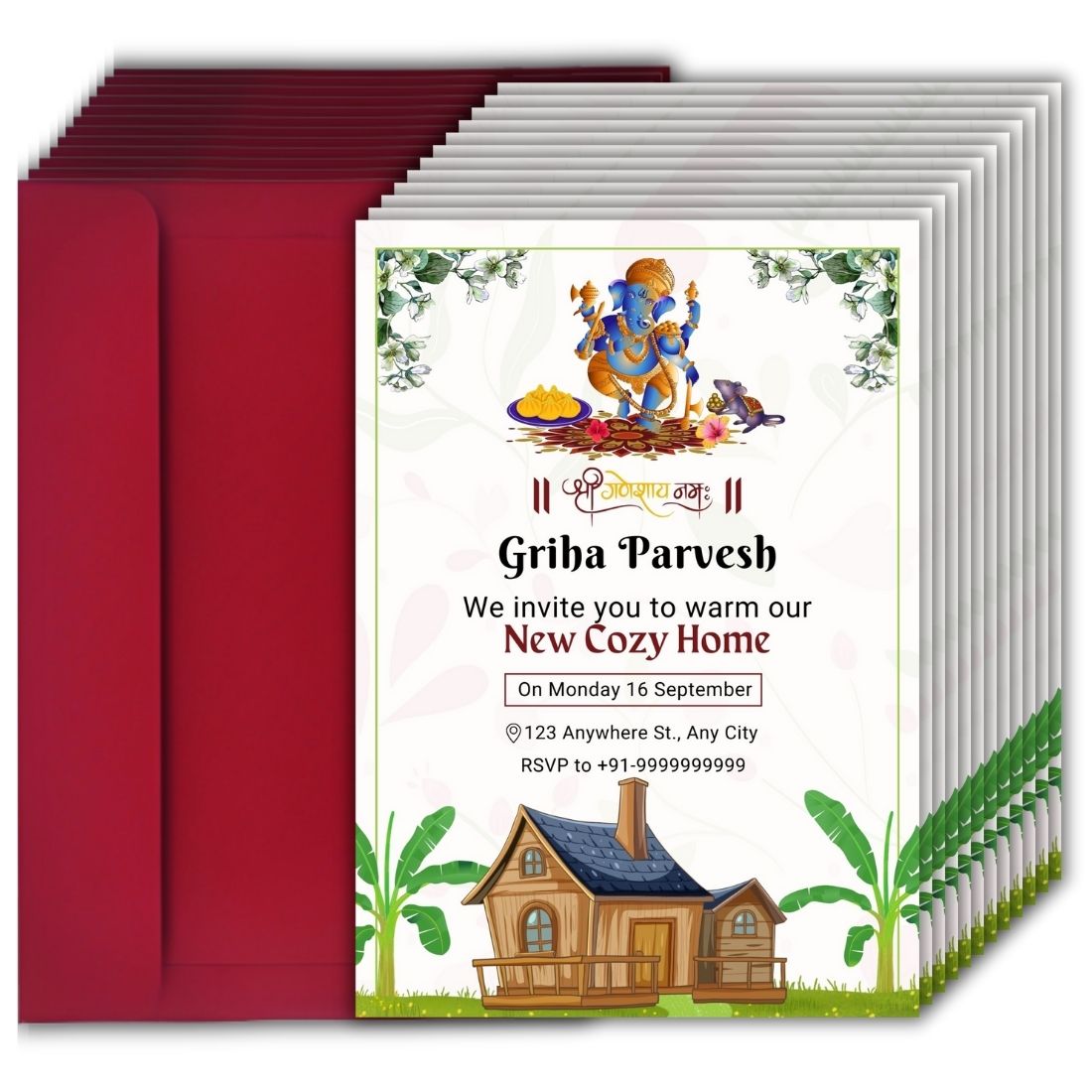Customized Housewarming Invitation Cards, Pack of 12 Personalized 5.8x8.3 Inch with Premium Red Envelopes
