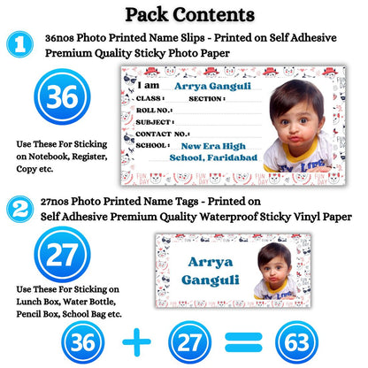 Kids Photo Name Slips & Tags | Pack of 63 | 36 Name Slips & 27 Tags