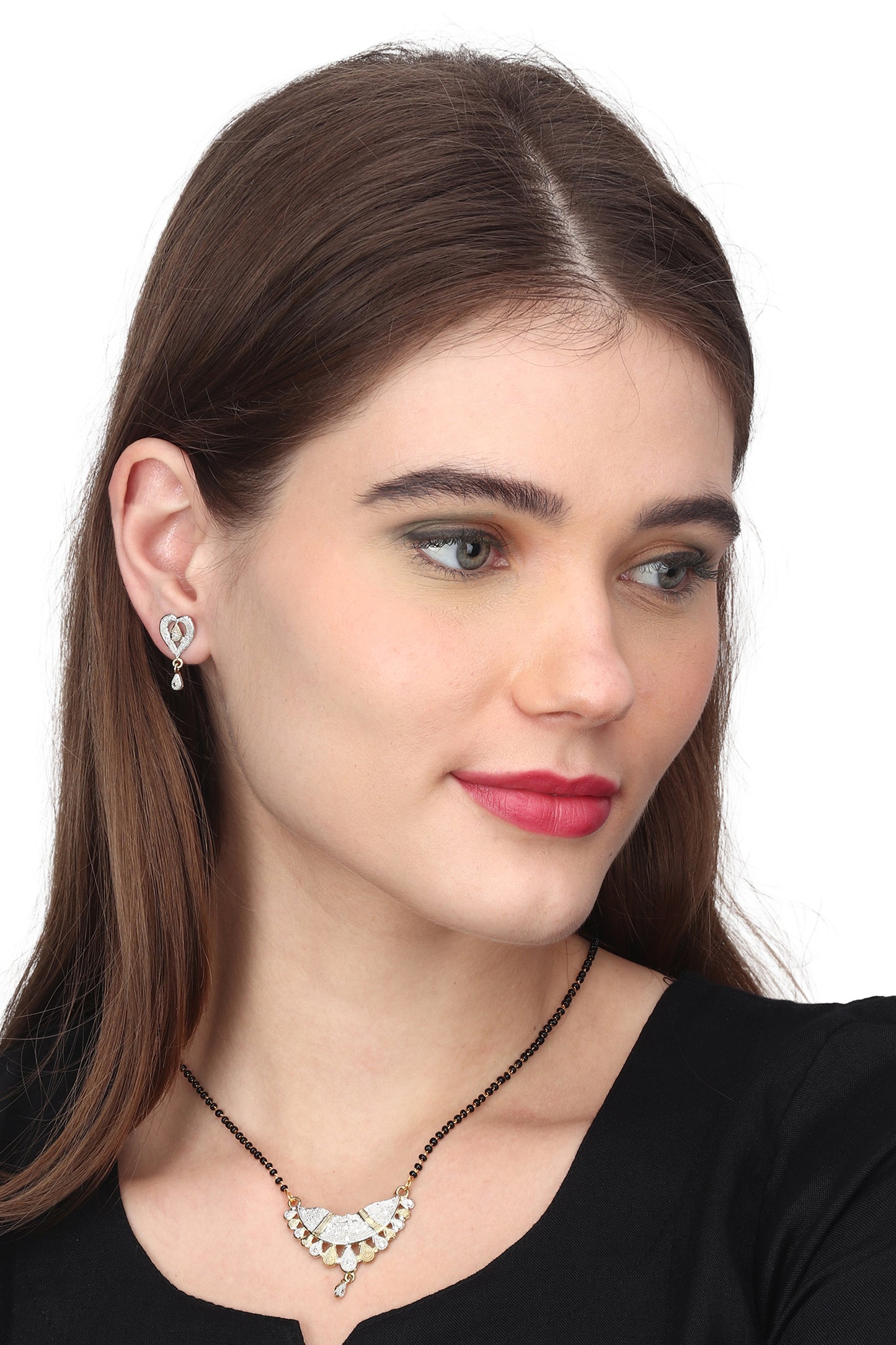 Gold Plated AD Mangalsutra Pendant and Earrings Set with Black Beads Chain