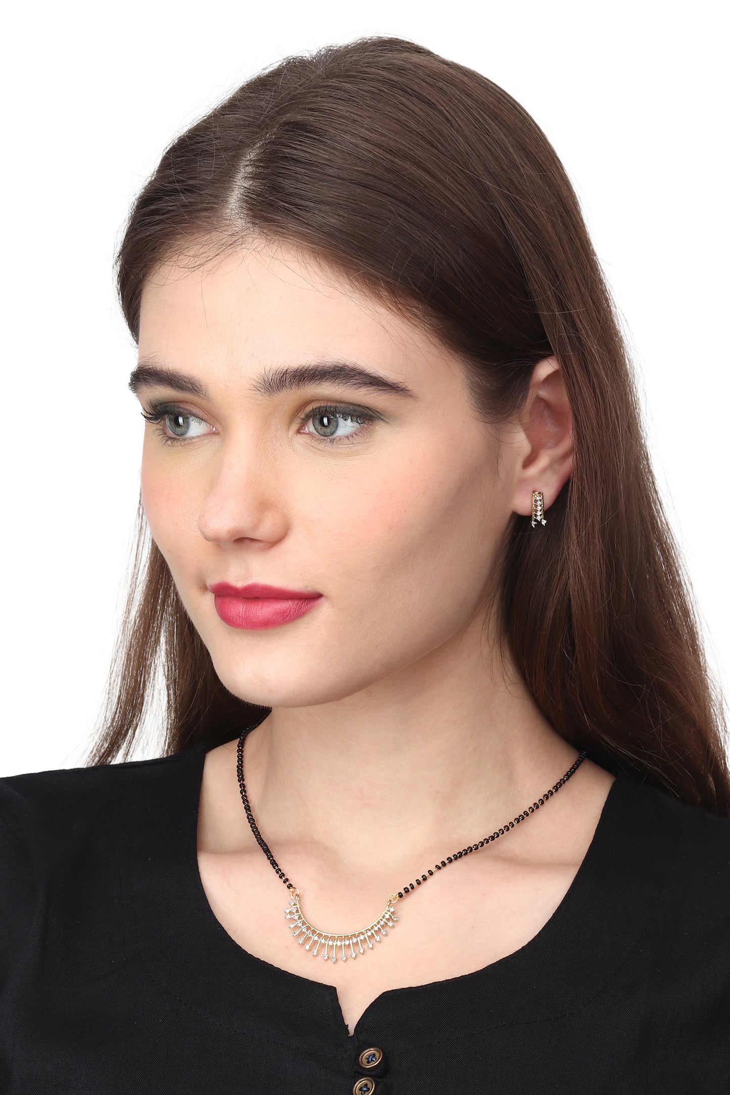Gold Plated AD Mangalsutra Pendant and Earrings Set with Black Beads Chain