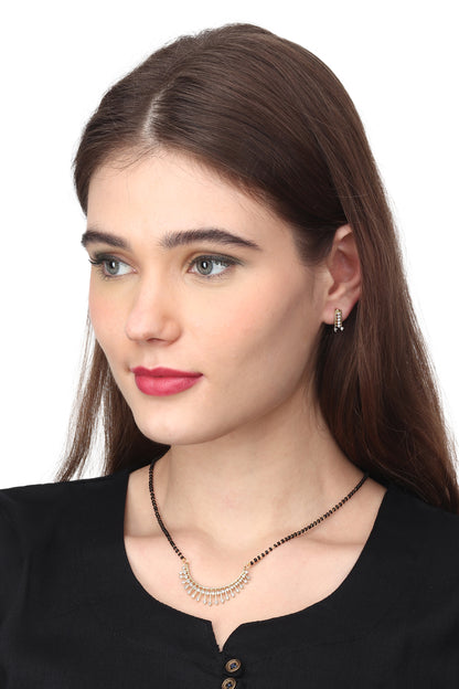 Gold Plated AD Mangalsutra Pendant and Earrings Set with Black Beads Chain