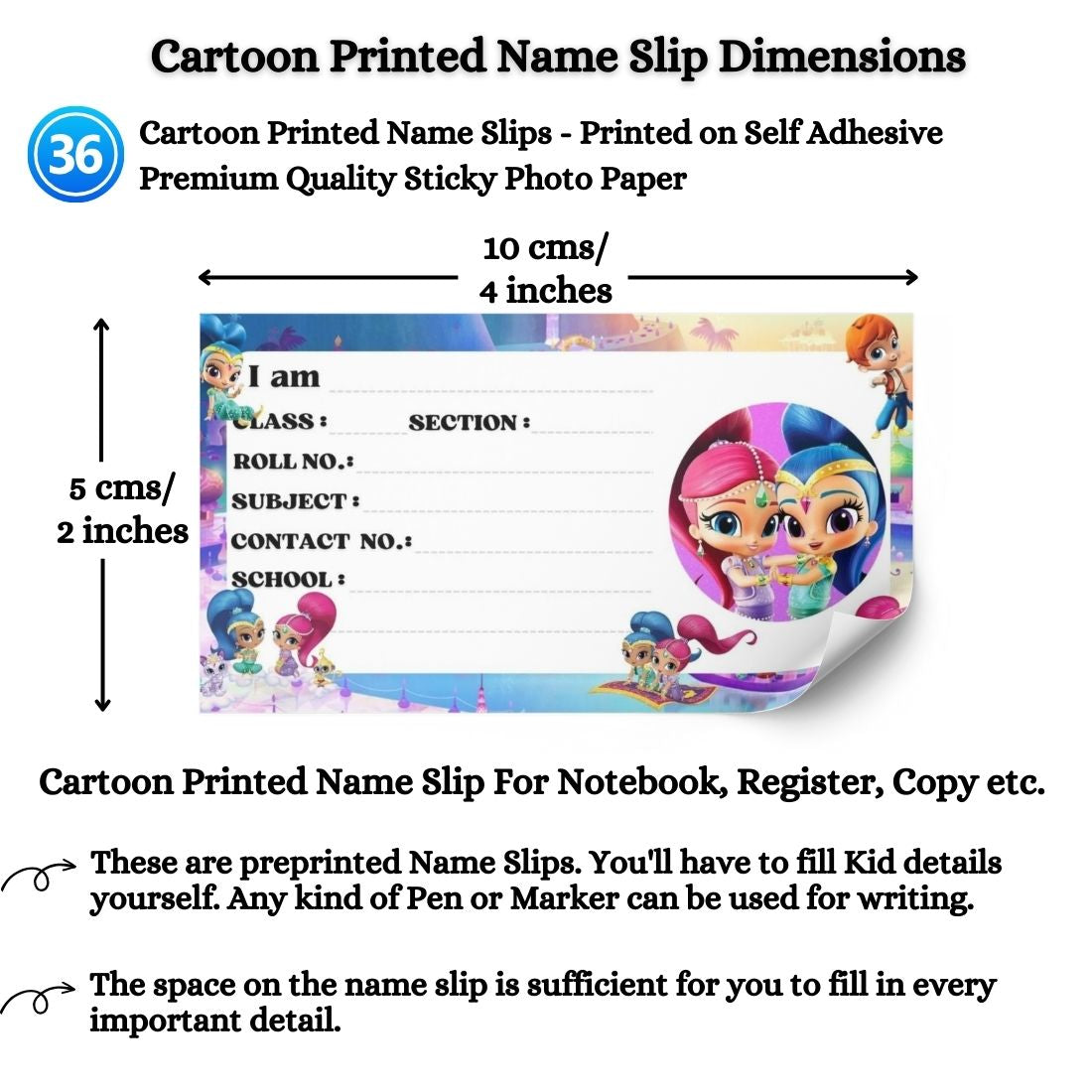 Kids Name Slips Cartoon Printed - Pack of 36 - Self Fill in