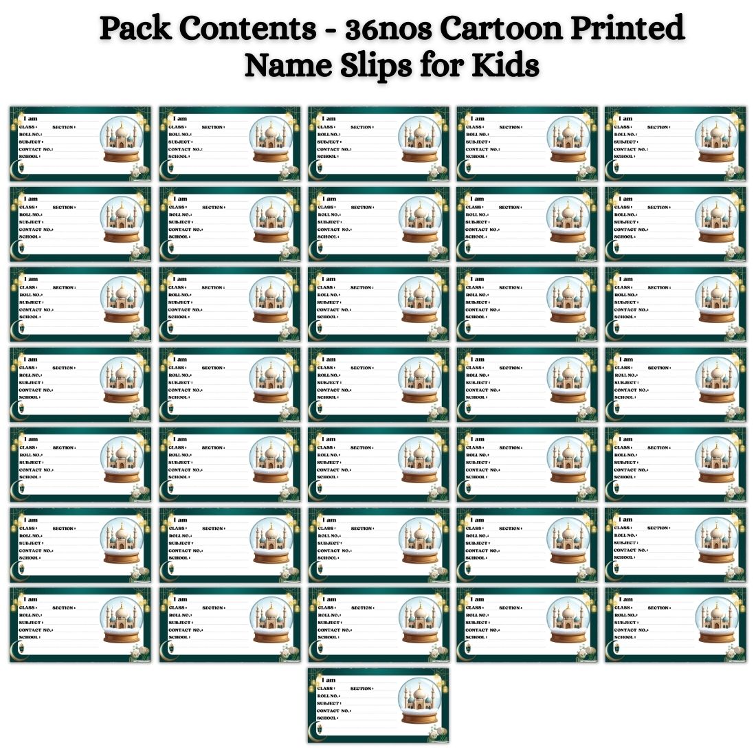 Kids Name Slips Cartoon Printed - Pack of 36 - Self Fill in
