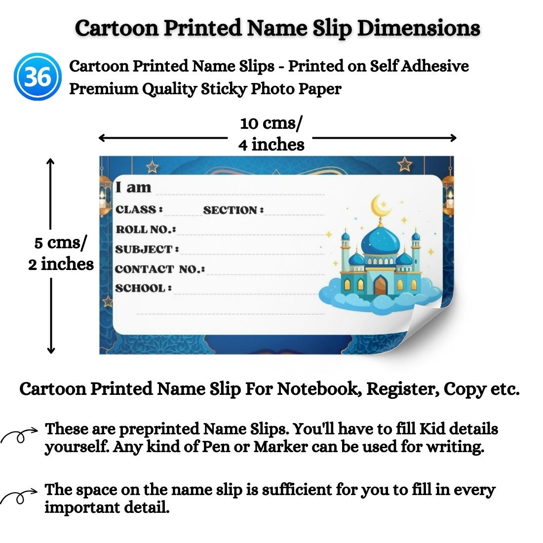 Kids Name Slips Cartoon Printed - Pack of 36 - Self Fill in