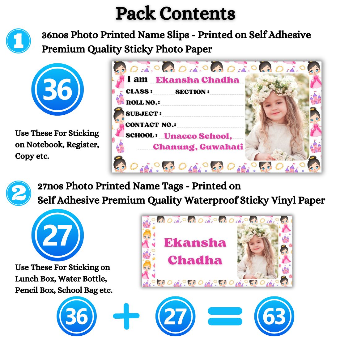Kids Photo Name Slips & Tags | Pack of 63 | 36 Name Slips & 27 Tags