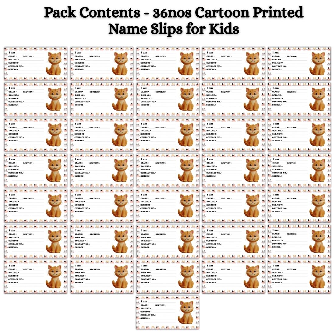 Kids Name Slips Cartoon Printed - Pack of 36 - Self Fill in