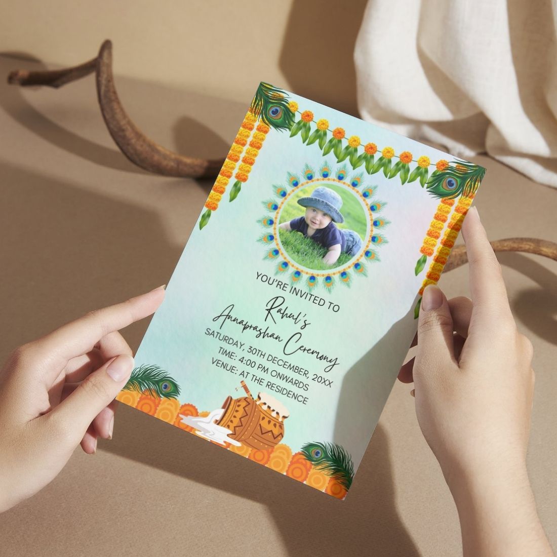 Customised Annaprashan Invitation Cards Pack of 12 , 5.8x8.3 Inch with Envelopes for Rice Ceremony