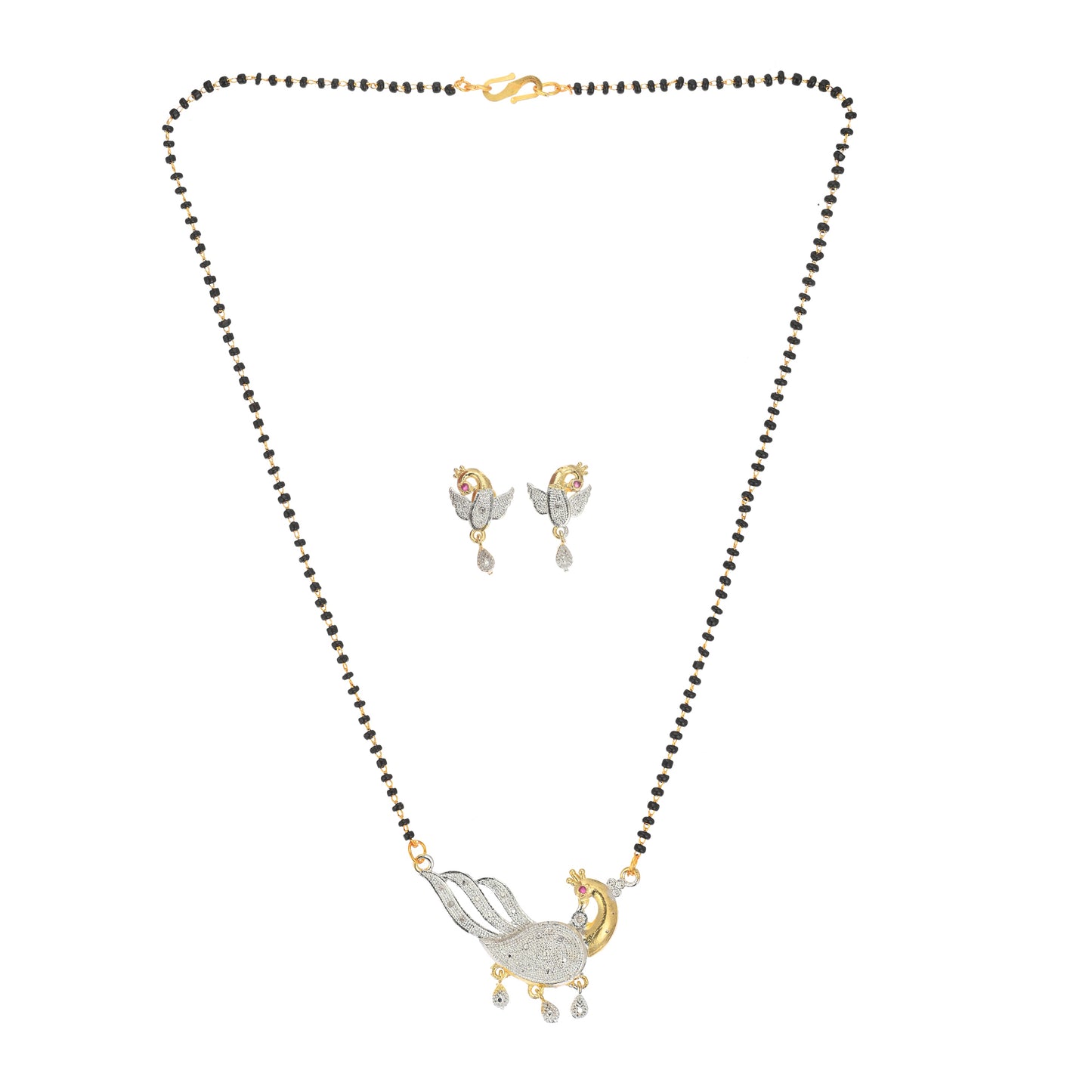 Gold Plated AD Mangalsutra Pendant and Earrings Set with Black Beads Chain