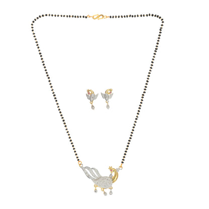 Gold Plated AD Mangalsutra Pendant and Earrings Set with Black Beads Chain