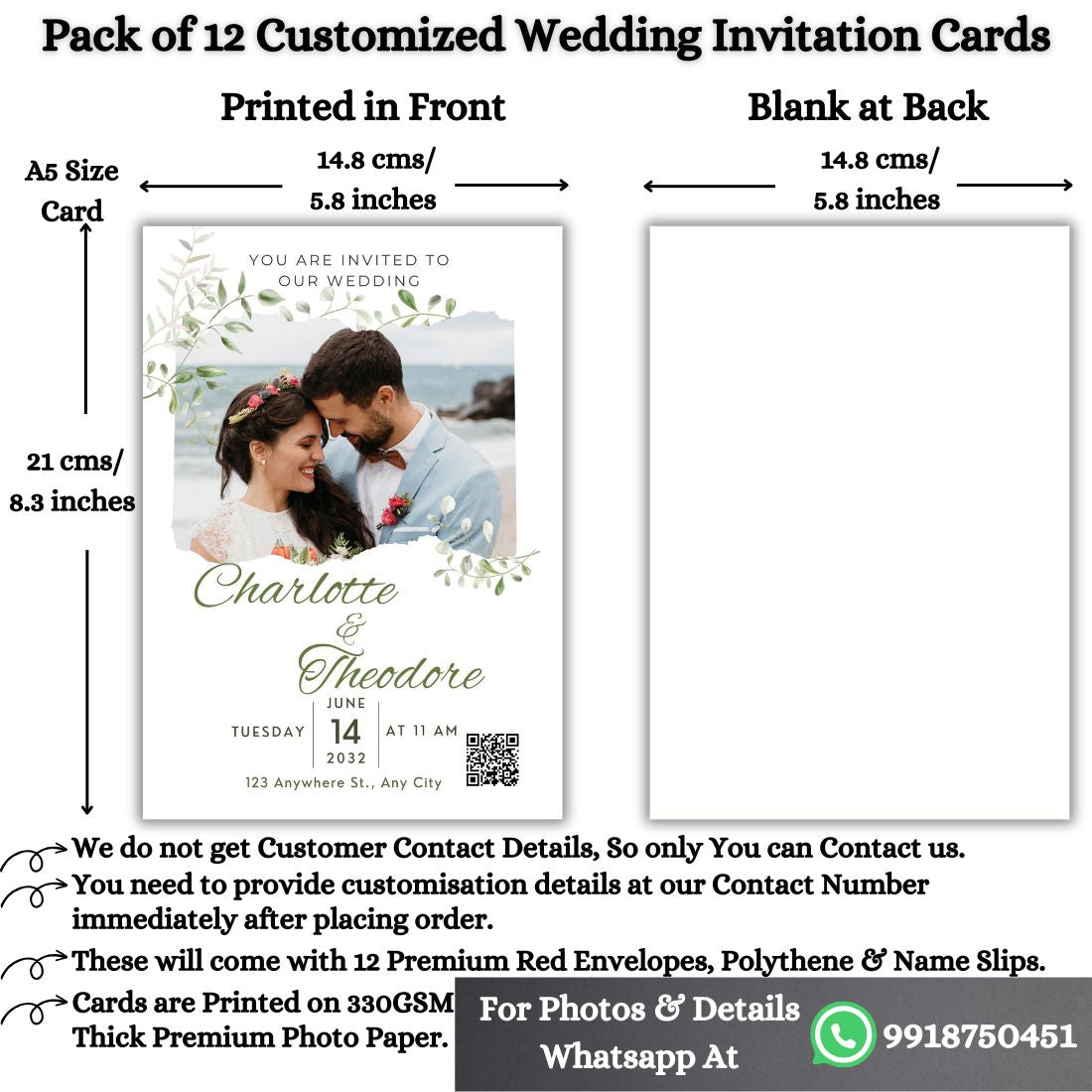 Custom Wedding Invitation Card with Couple Photo | Pack of 12 | One side Printed | Envelopes Included