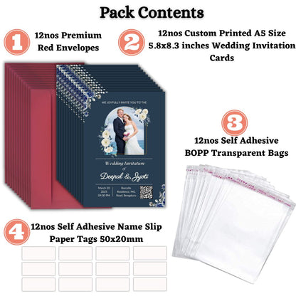 Custom Wedding Invitation Card with Couple Photo | Pack of 12 | One side Printed | Envelopes Included