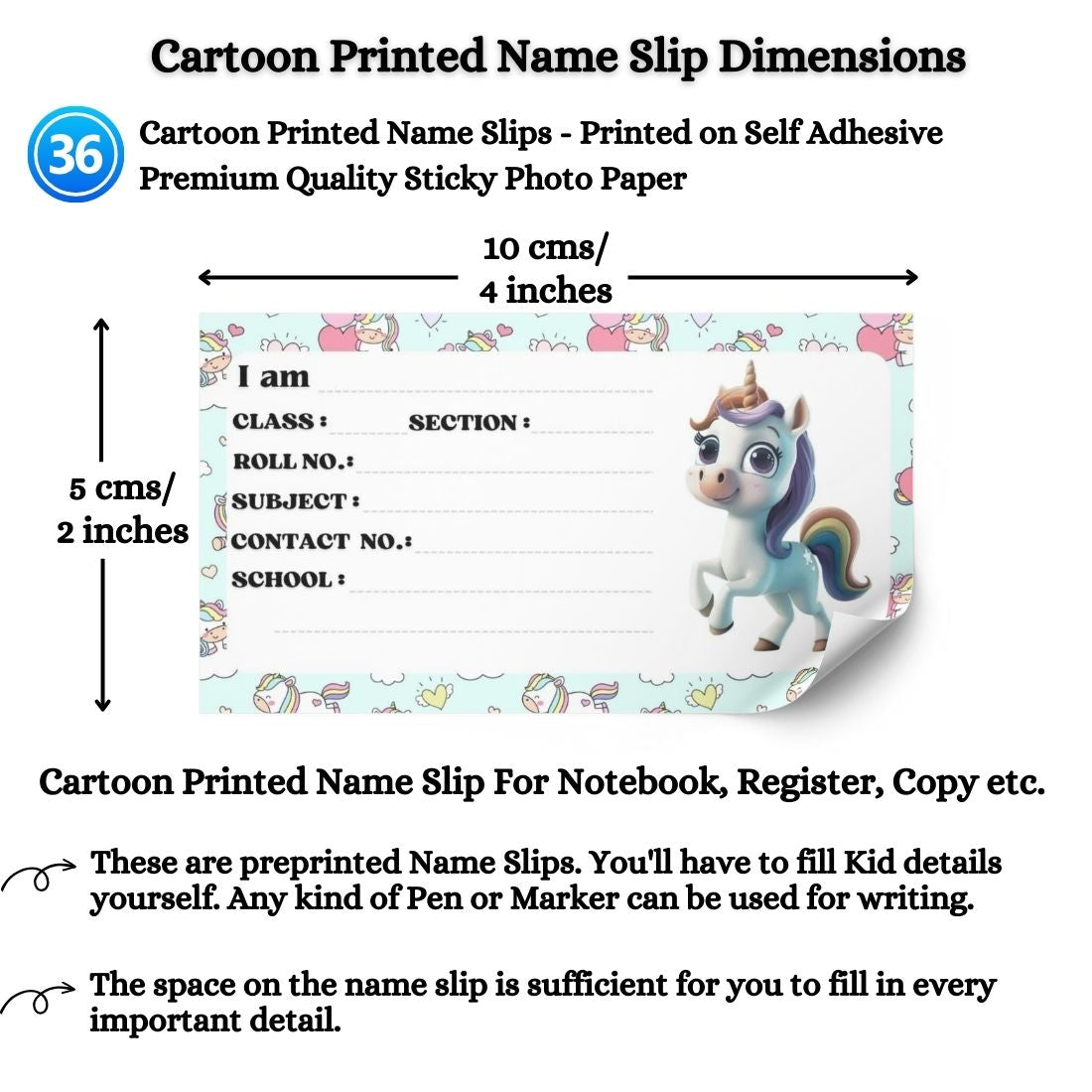Kids Name Slips Cartoon Printed - Pack of 36 - Self Fill in