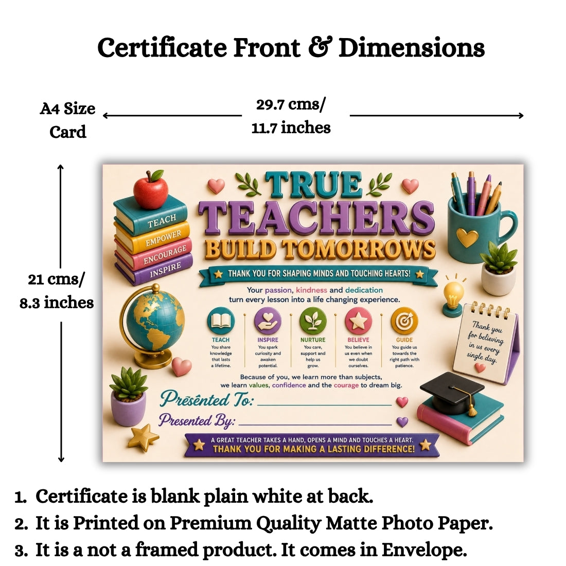 Best Teacher Certificate – A4 Teacher Appreciation Award Certificate for Teachers | Premium Printed Thank You Gift