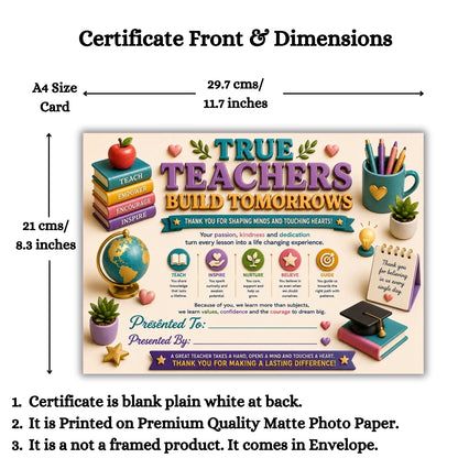 Best Teacher Certificate – A4 Teacher Appreciation Award Certificate for Teachers | Premium Printed Thank You Gift