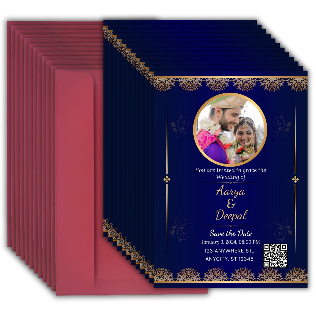 Custom Wedding Invitation Card with Couple Photo | Pack of 12 | One side Printed | Envelopes Included
