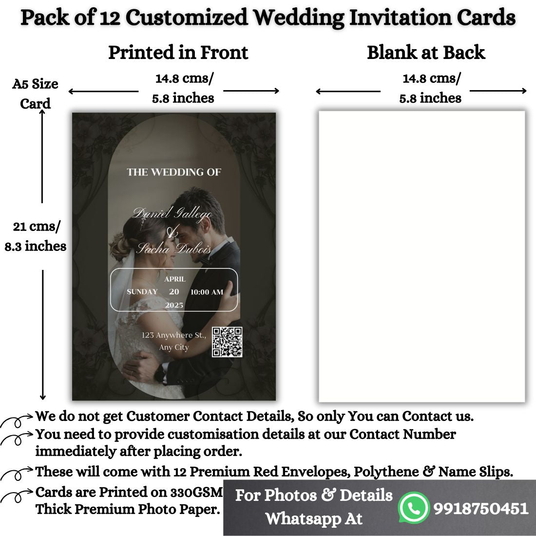 Custom Wedding Invitation Card with Couple Photo | Pack of 12 | One side Printed | Envelopes Included