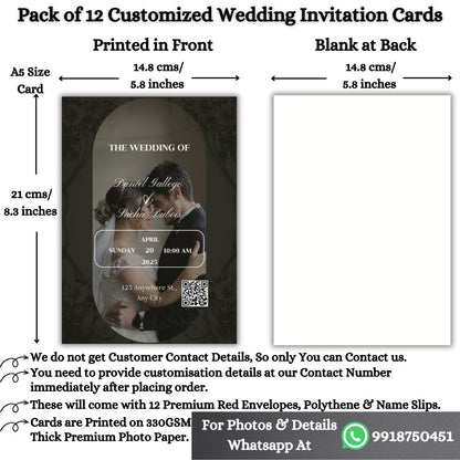 Custom Wedding Invitation Card with Couple Photo | Pack of 12 | One side Printed | Envelopes Included
