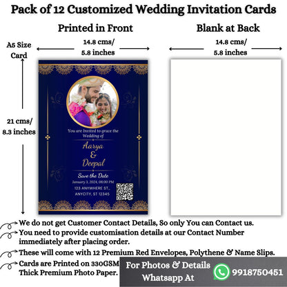 Custom Wedding Invitation Card with Couple Photo | Pack of 12 | One side Printed | Envelopes Included