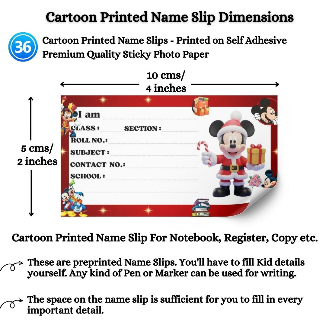 Kids Name Slips Cartoon Printed - Pack of 36 - Self Fill in