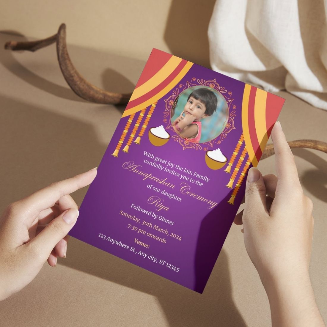 Customised Annaprashan Invitation Cards Pack of 12 , 5.8x8.3 Inch with Envelopes for Rice Ceremony
