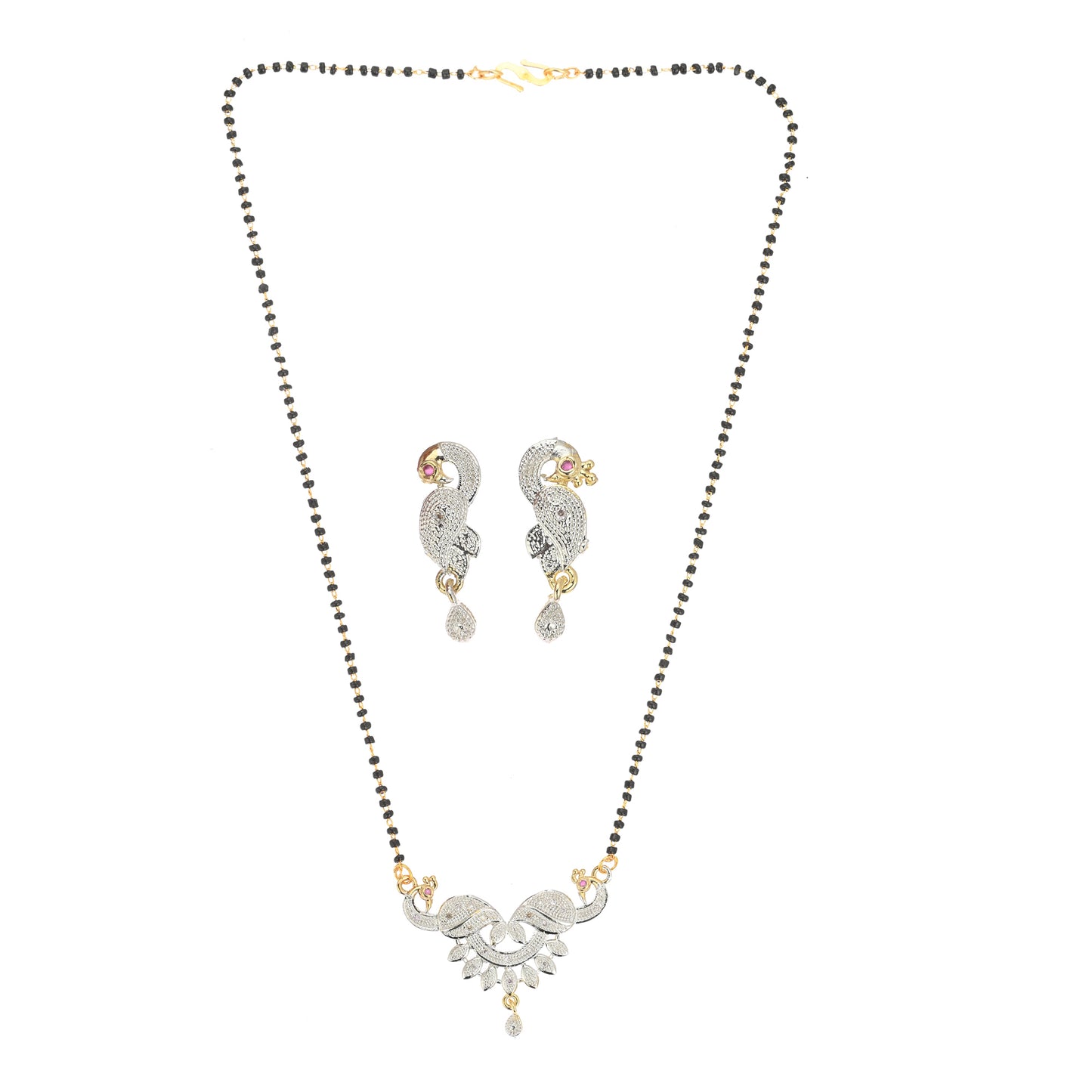 Gold Plated AD Mangalsutra Pendant and Earrings Set with Black Beads Chain