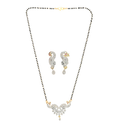 Gold Plated AD Mangalsutra Pendant and Earrings Set with Black Beads Chain