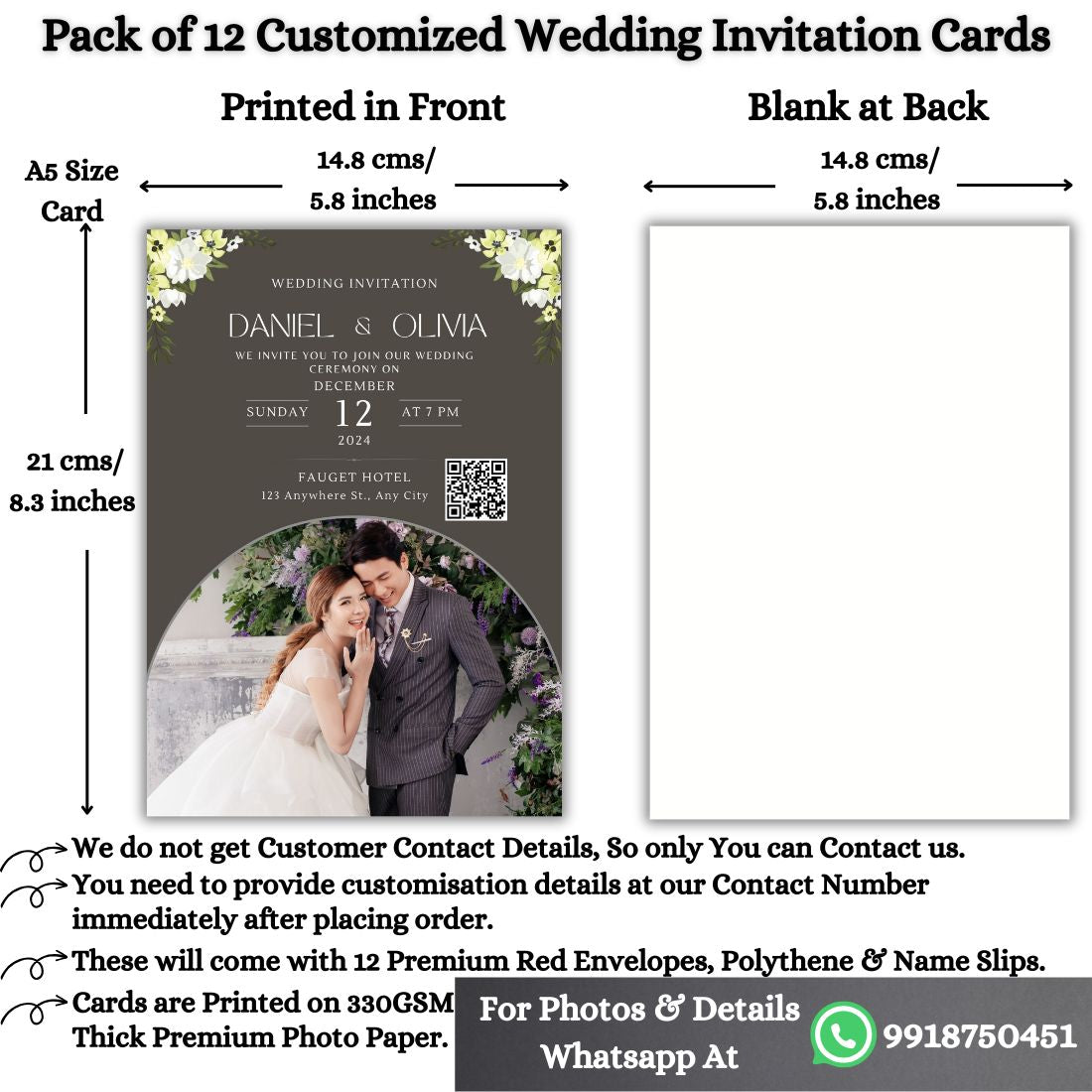 Custom Wedding Invitation Card with Couple Photo | Pack of 12 | One side Printed | Envelopes Included