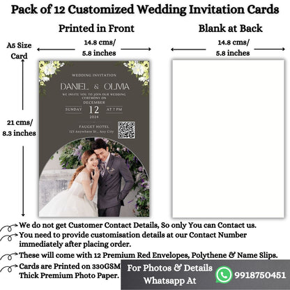 Custom Wedding Invitation Card with Couple Photo | Pack of 12 | One side Printed | Envelopes Included