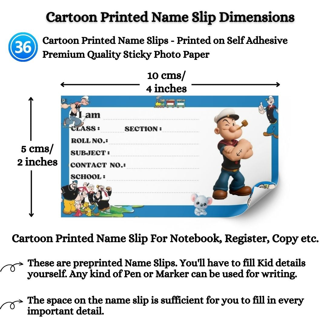 Kids Name Slips Cartoon Printed - Pack of 36 - Self Fill in
